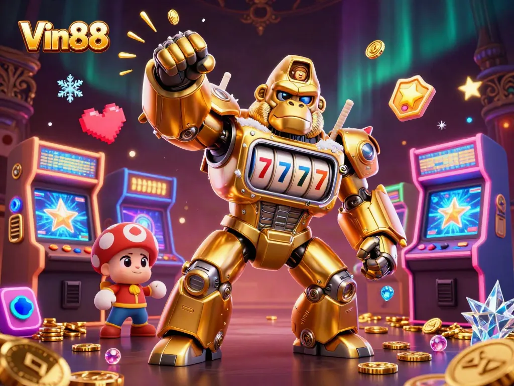 Experience thrilling wins at Vin88 with dynamic gaming action featuring vibrant slot machines and a gorilla mech.