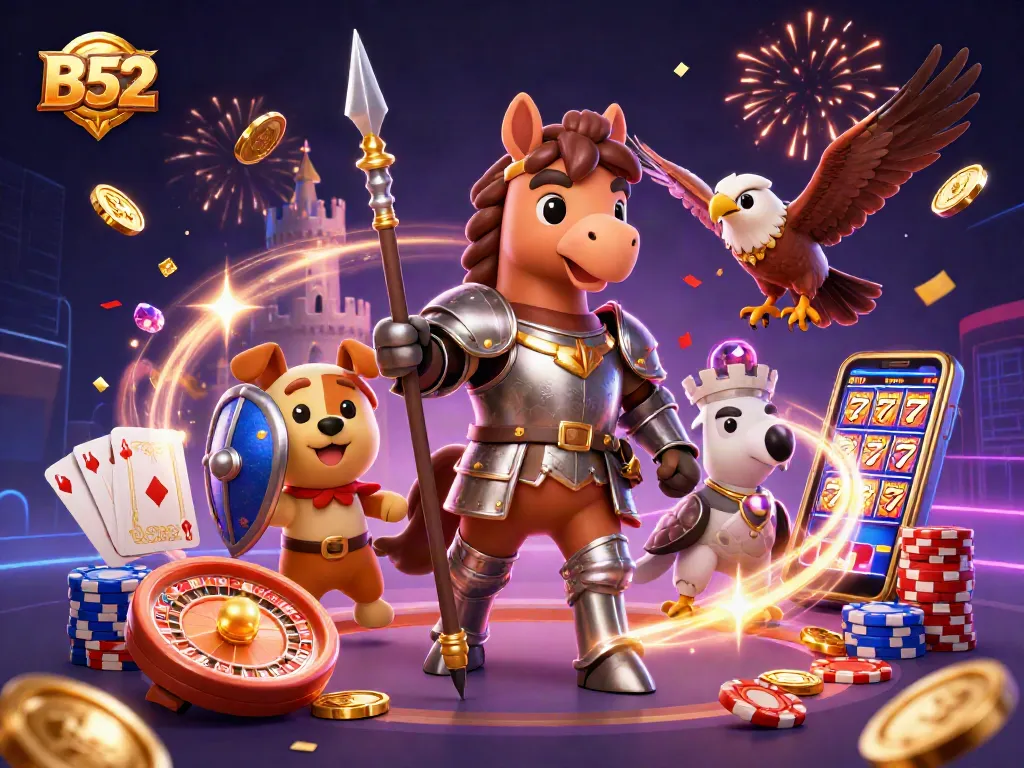 B52 spins the reels with excitement, featuring a knight, puppy, and falcon amidst glittering casino elements.