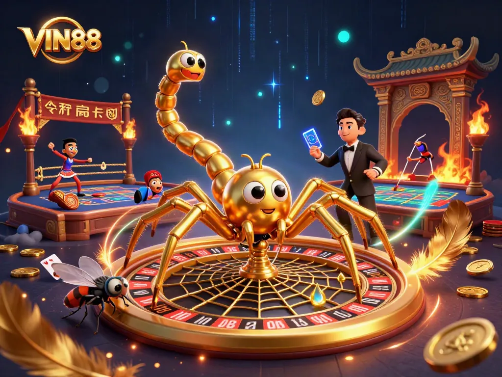 Experience the excitement of VIN88 as a golden spider spins a roulette wheel web in a vibrant casino scene.