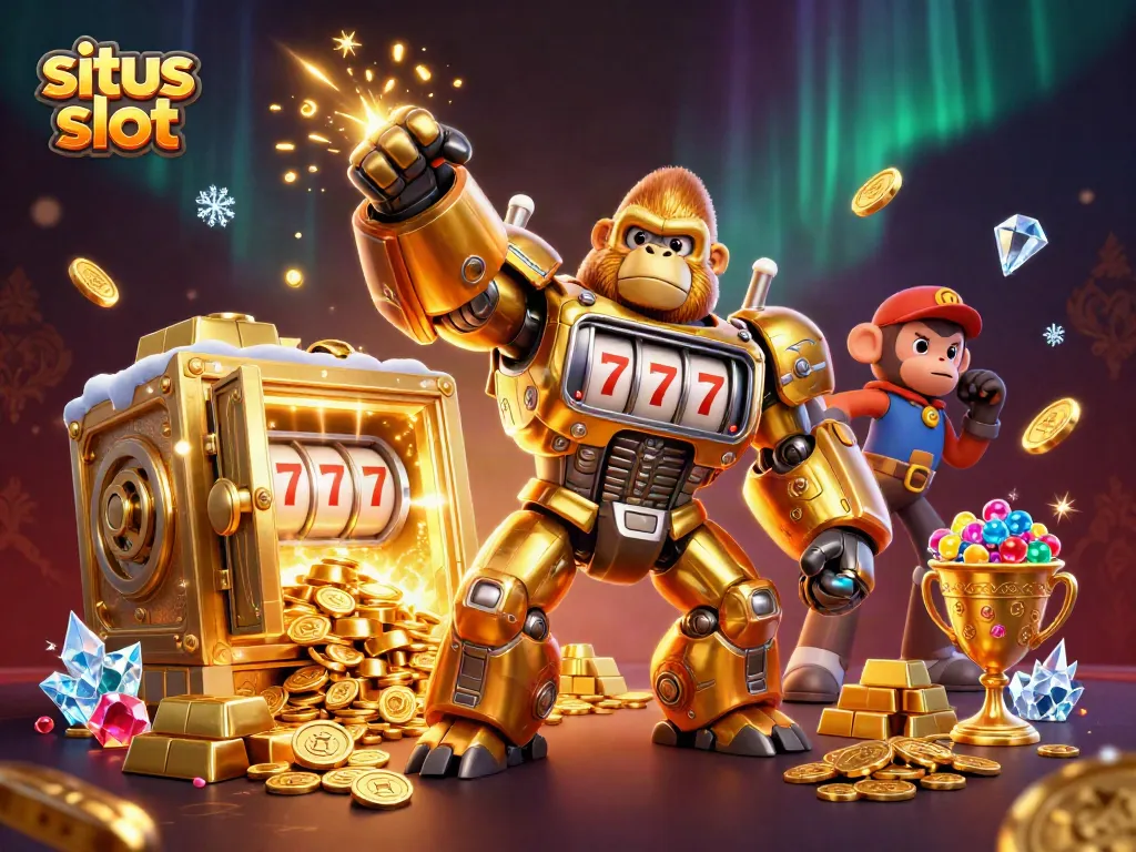 Experience the excitement of situs slot with a dynamic golden gorilla mech surrounded by treasures.