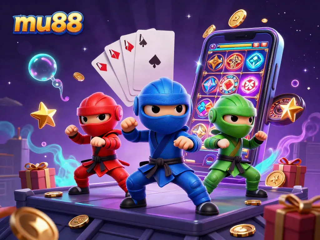 Experience thrilling gameplay with mu88 as ninja chameleons dance amidst slot games and coins.