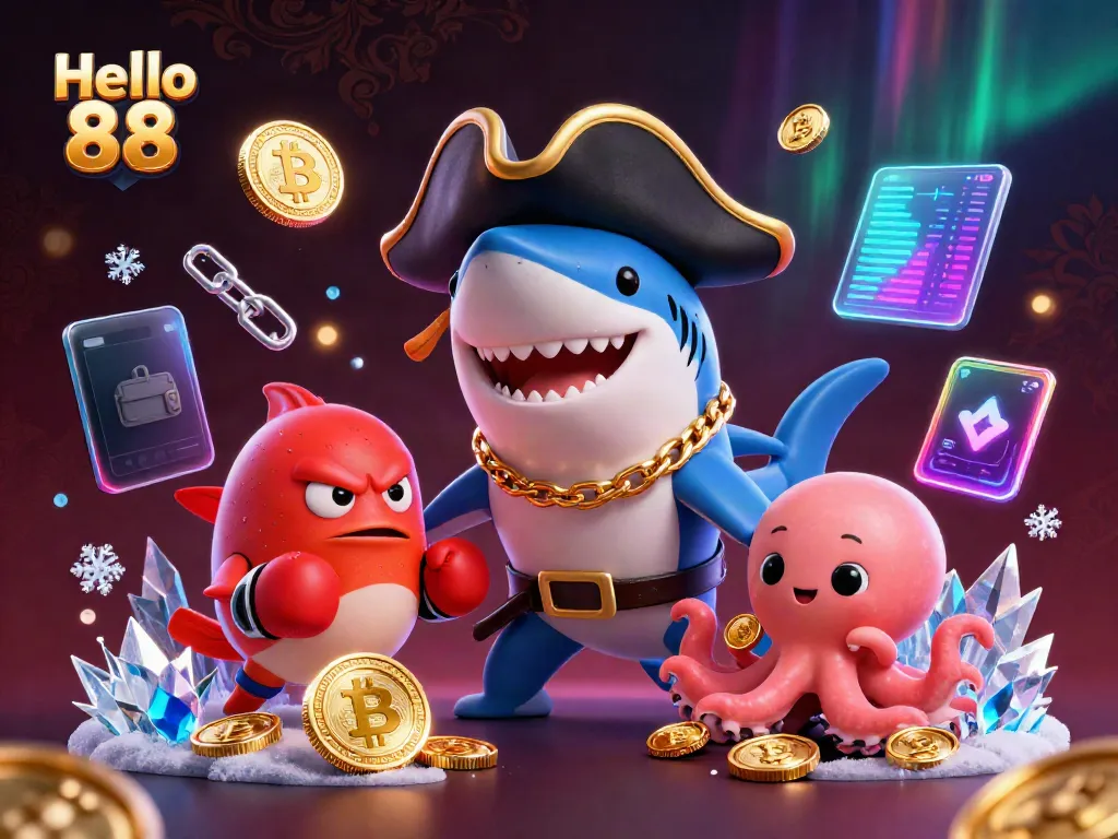 Play and win at Hello 88 with characters celebrating crypto-themed casino fun.