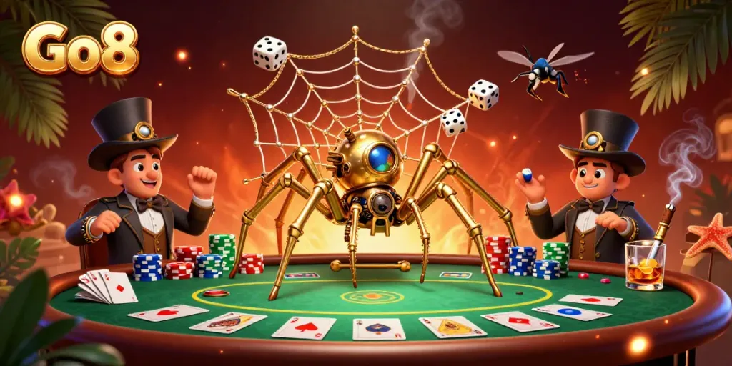 Experience thrilling gameplay at Go8 with an intricate casino scene featuring poker elements.