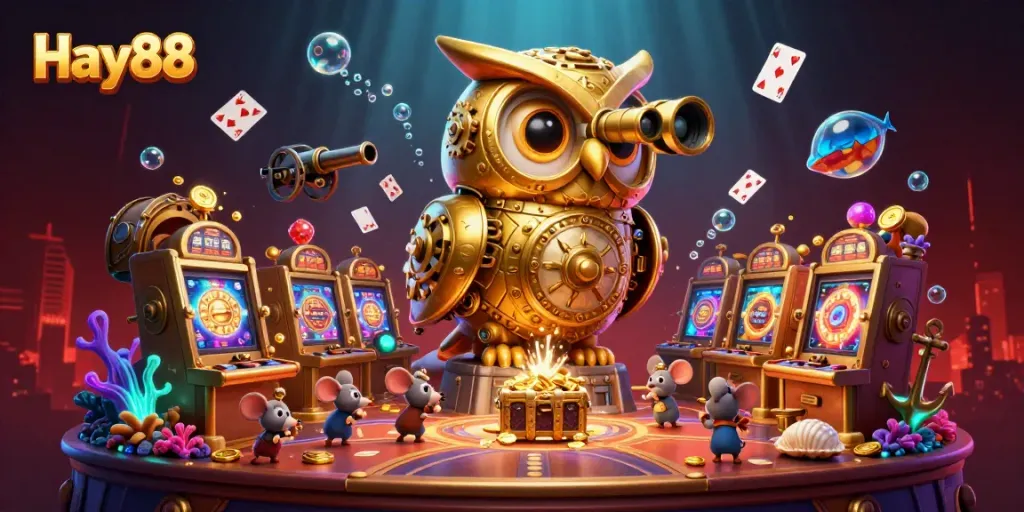 Experience thrilling gaming with Hay88 as a golden owl watches over the buzzing casino.