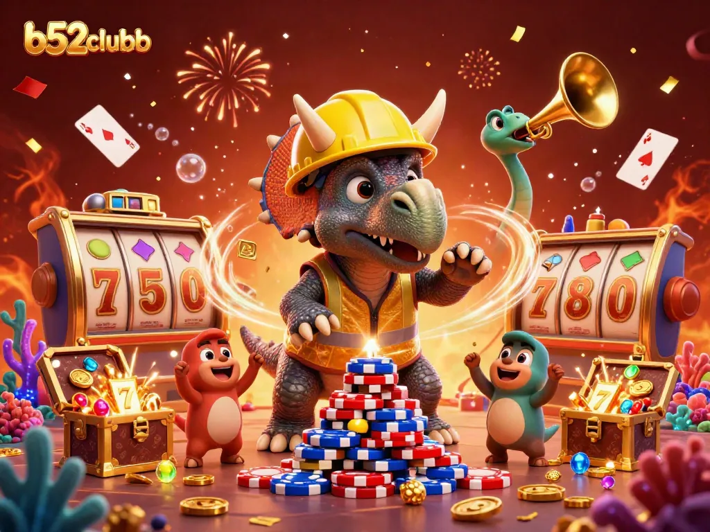 Experience thrilling wins at b52clubb with cartoon characters celebrating a jackpot amidst colorful game elements.